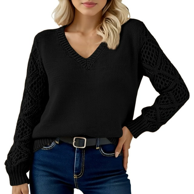 Women's Solid Color Long Sleeve Knit Pullover - Hollow Out Yoke Design, Soft Comfortable Casual Sweater