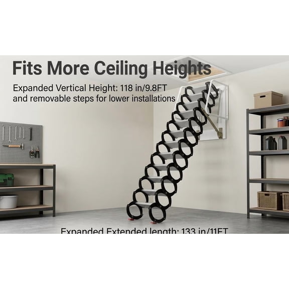 10FT Pull Down Attic Stairs, 12 Steps Iron Loft Ladder Folding Staircase with Handrails for Home Basement Storehouse