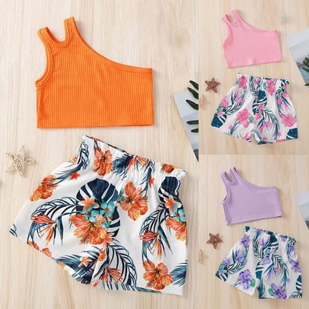 Huachaog Outfit Sets for Girls Kids Sleeveless Ribbed Vest Tops Flower Print Shorts Lady Clothing 4-5 Y