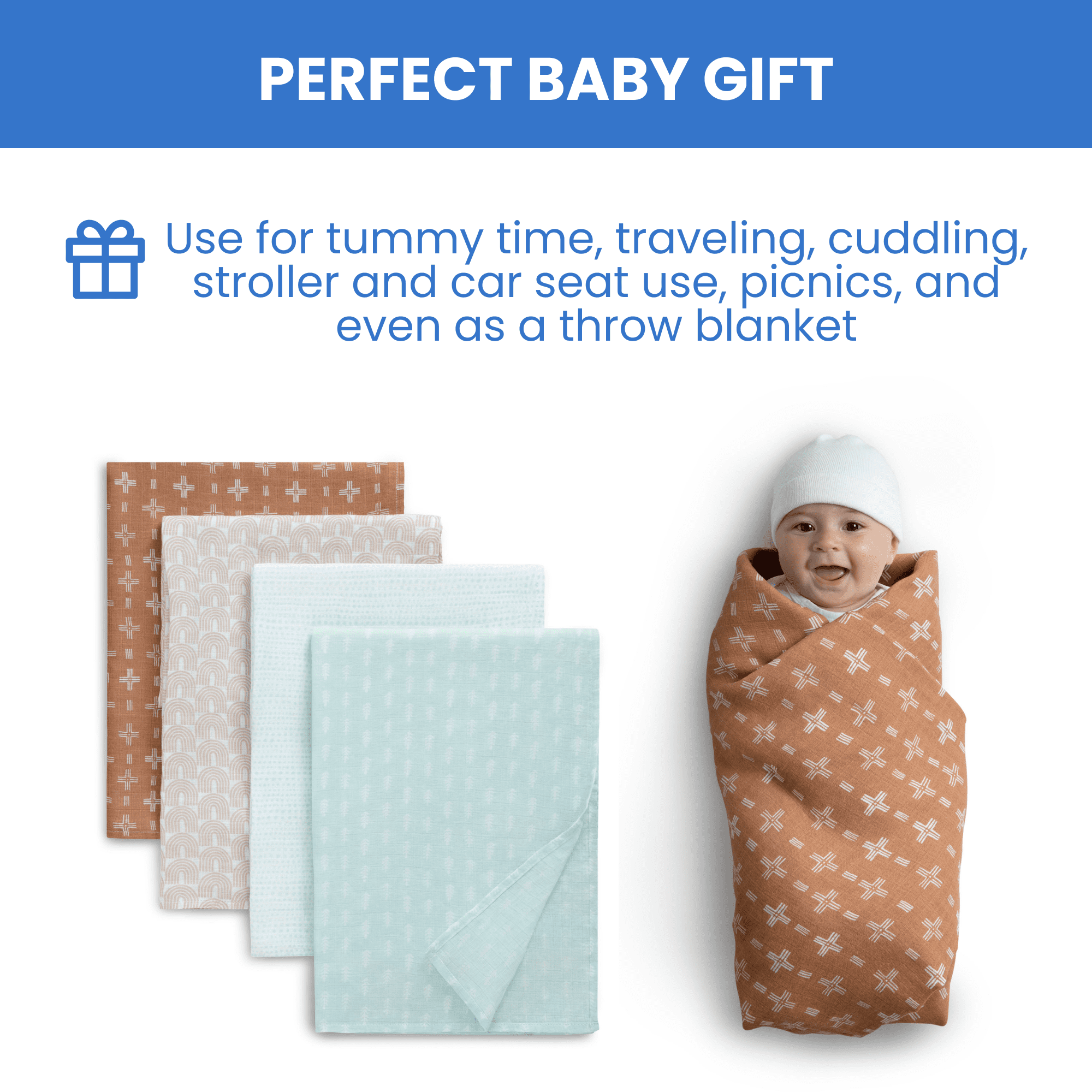 Delta Children 100% Cotton Muslin Baby Receiving Blankets for Girls and Boys – 47x47 Inches (Pack of 4), Neutral Boho