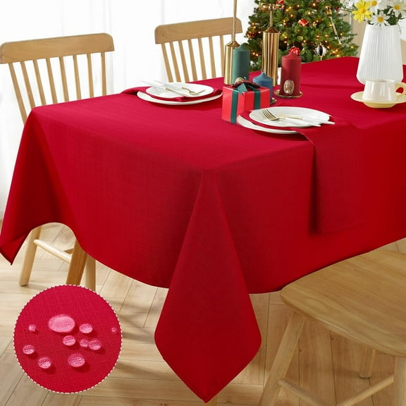 Christmas Tablecloth Rectangle Textured Spill Proof Washable Fabric Table Cloth, Thick Faux Linen Table Cover for Xmas, Holiday, Winter, Indoor, Outdoor (60 x 84 Inch Rectangular, Red)