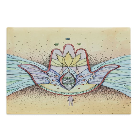 Hamsa Cutting Board, Abstract Hamsa Hand with Wings and Eye, Decorative Tempered Glass Cutting and Serving Board, Large Size, Turquoise Apricot, by Ambesonne