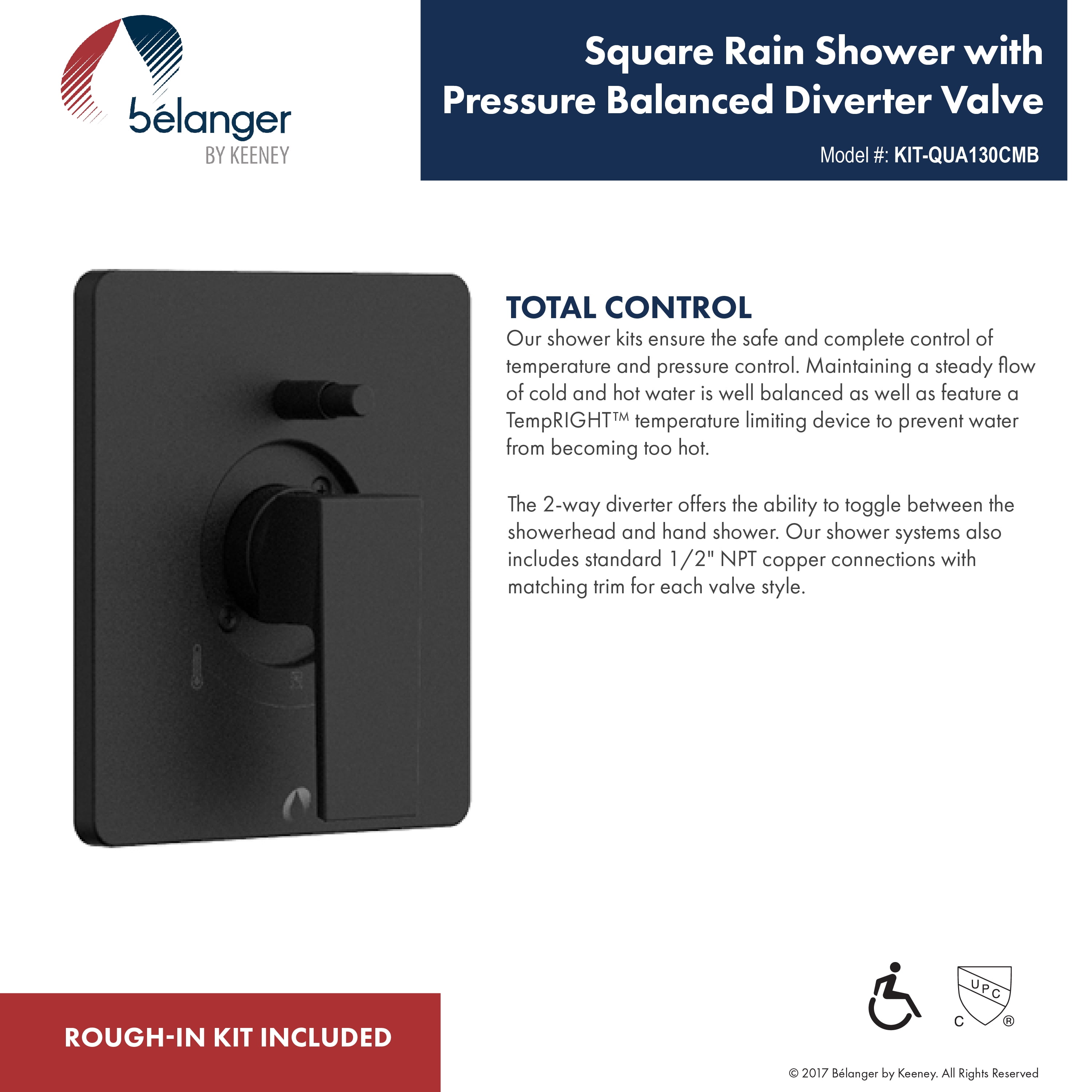Belanger QUA130CMB Rain Pressure Balanced Square Shower System, Matte Black