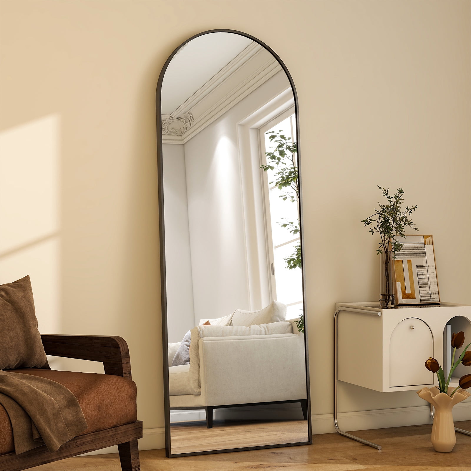 AUROMIR 64"x 21" Full Length Mirror Arched Full Body Floor Mirror with stand, Black