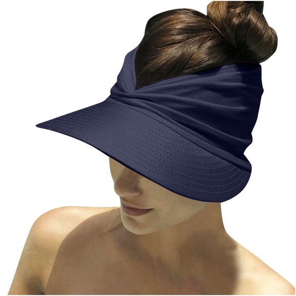 Xfvqtps Womens Sun Visor Hat Wide Brim UV Protection Sunscreen Solid Color Simplicity Soft Summer Beach Outdoor Ponytail Cap Navy