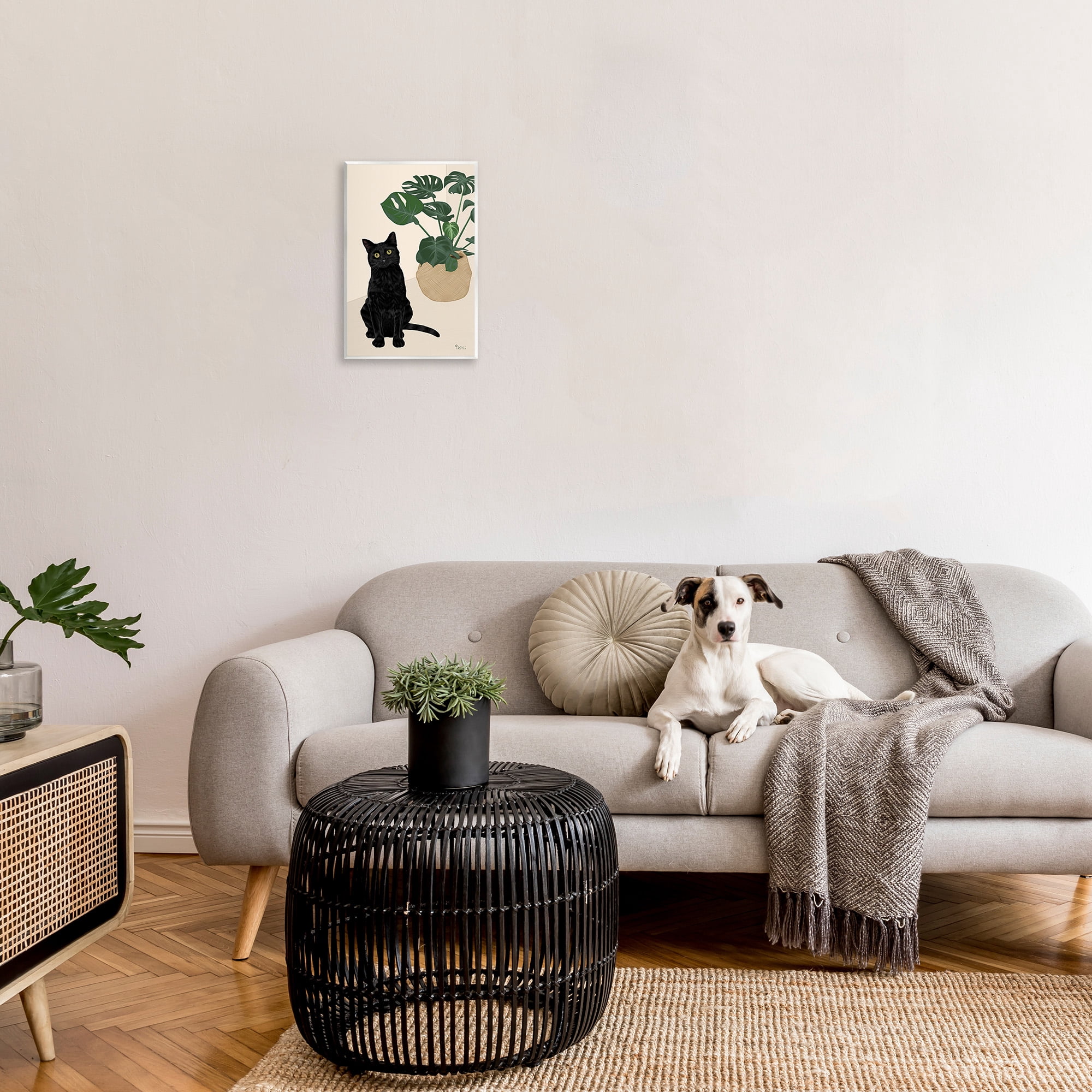 Stupell Industries Black Cat & Monstera Plant Animals & Insects Painting Unframed Art Print Wall Art, 13 x 19