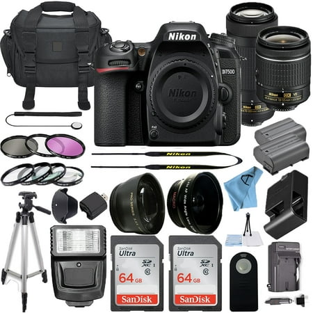 Nikon D7500 20.9MP DSLR Digital Camera W/ 18-55mm VR Lens and 70-300mm ED Lens + 2 Pcs SanDisk 64GB Memory Card Bundle (Black)