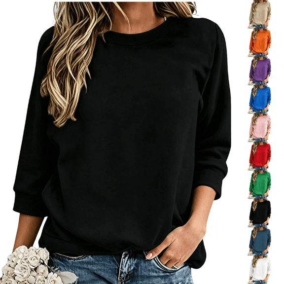 DISKEBUISS 3/4 Sleeve Sweatshirts for Women Loose Fit Crew Neck Pullover Tops Classic Fall & Winter