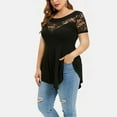 thumbnail image 3 of ELABCH Womens Summer Tops Plus Size Floral Lace Blouses T Shirts Lrregular Short Sleeve See-through Tops Black L, 3 of 6