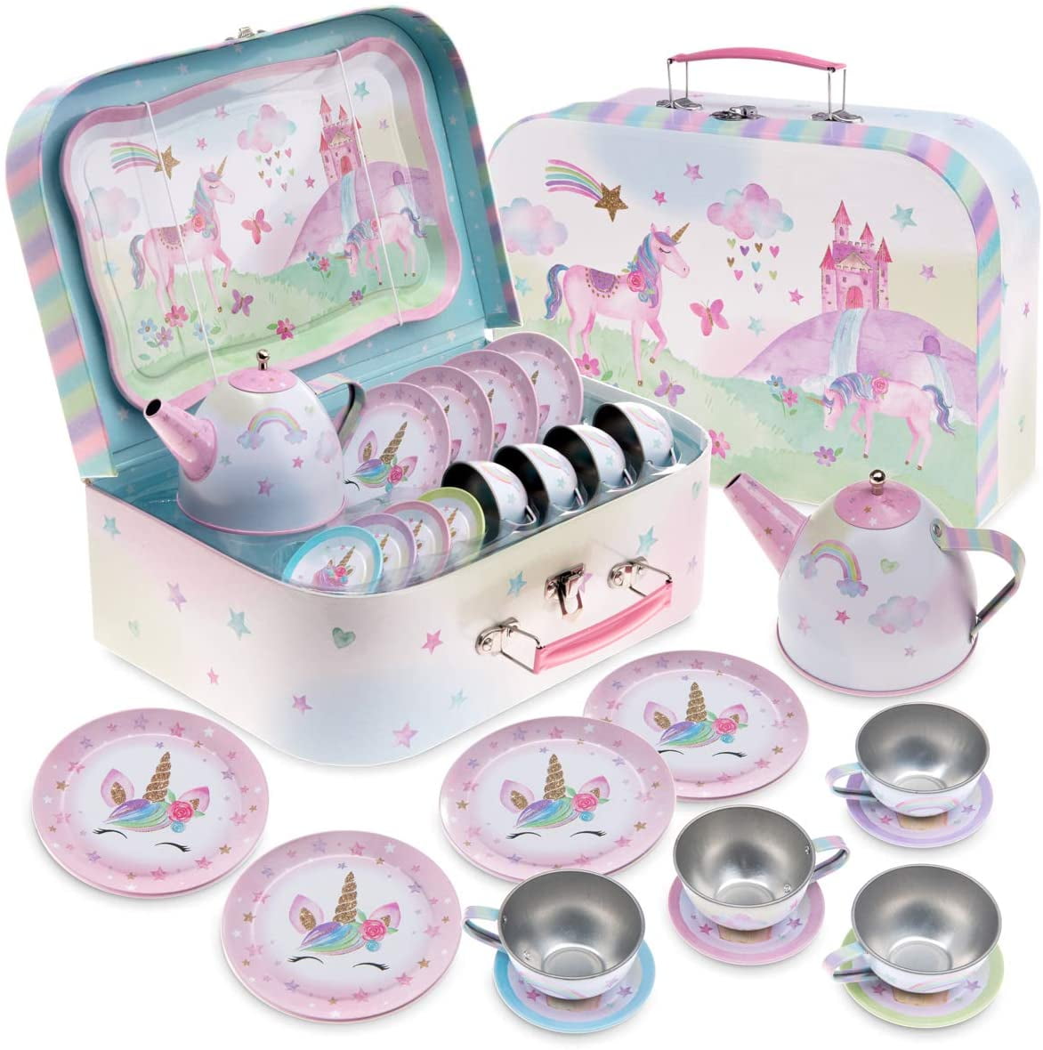 Jewelkeeper 15 Piece Kids Pretend Toy Tin Tea Set & Carrying Case