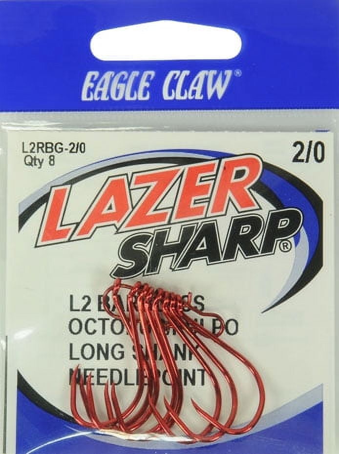 (5 pack) Lazer Sharp L2RBGH-2/0 Barbless Long Shank Octopus Hook, Red, Size 2/0, 8 Pack