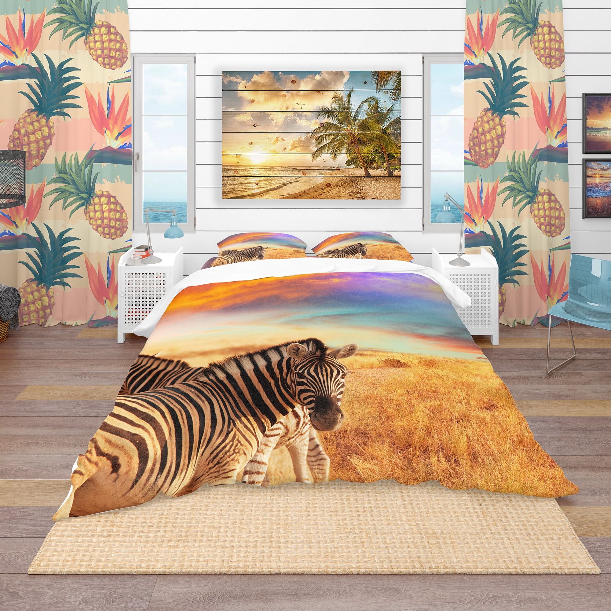 Designart 'Zebras in Bush Under Colorful Sky' Tropical Duvet Cover Set