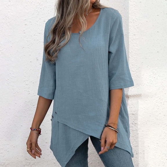 Blue S WIZUTIZ Womens Blouse up to 65% Off Plain Basic Fluffy Loose Fit Shirts Solid Work Out Crew Neck Tops Lightweight Ladies Tshirt Pure Colour Cotton Blend Tee Oversize Short Sleeve T-shirt Blous