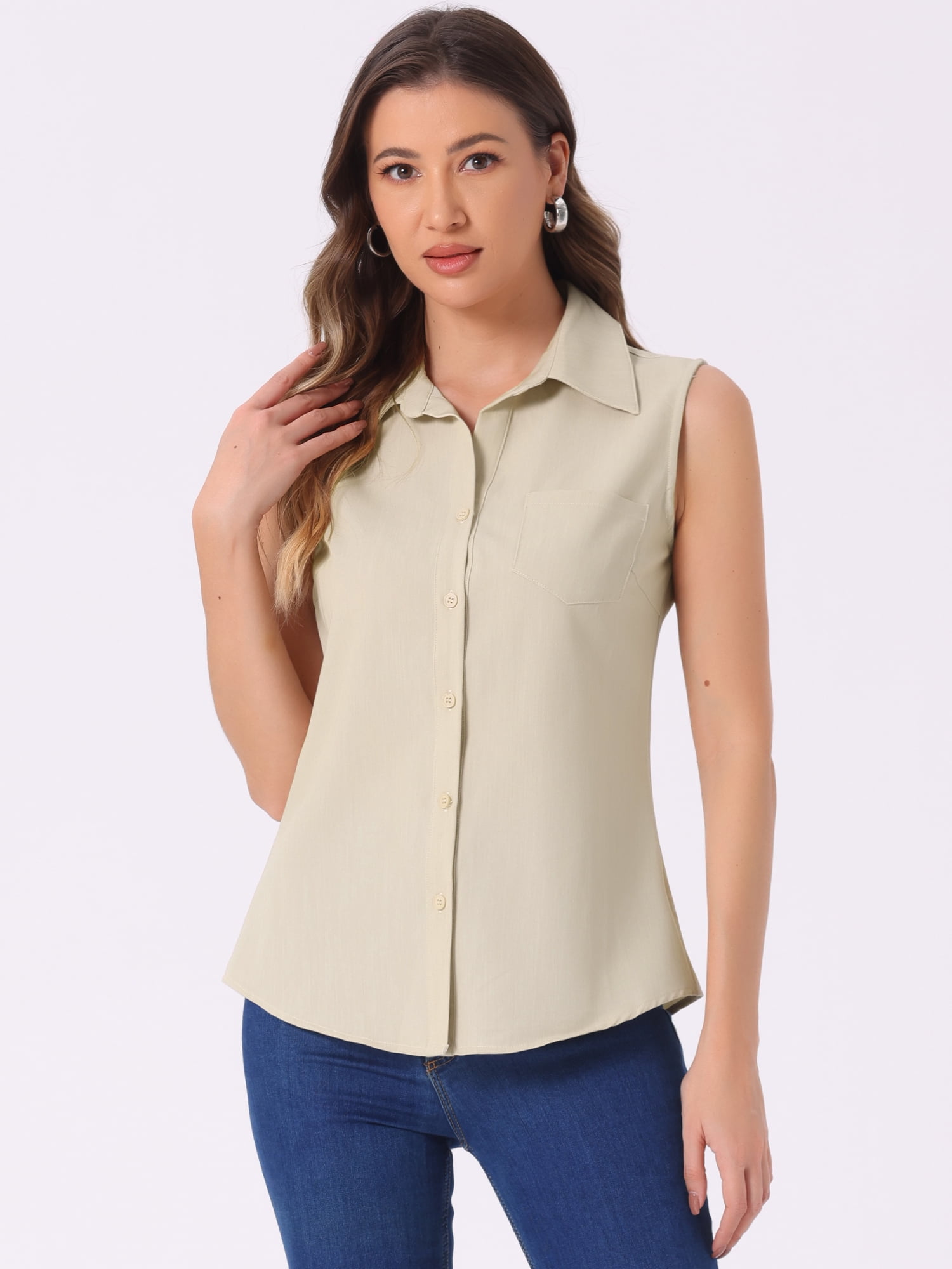DARING DIVA Sleeveless Lapel Chambray Tunic Denim Shirt XS Light Khaki