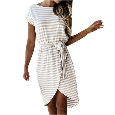 

Sweater Dress for Women White Dress Women Women Casual O Neck Stripe Bandage Short Sleeves Baggy Irregular Dress Women s Dresses Womens Tops Dressy Casual on Clearance Off-White L