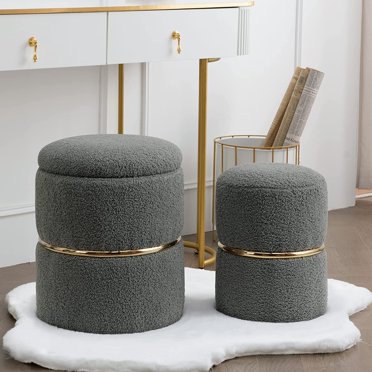 Furniliving Round Velvet Storage Ottoman Set Of 2 – Footrest Stool With Hidden Storage In Khaki