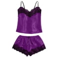thumbnail image 4 of Wxolcjlv Womens Solid Satin Pajama Set Lace Spaghetti Strap Top Shorts Sleepwear Nightwear, 4 of 5