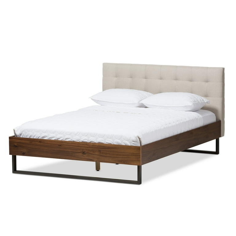 Baxton Studio Mitchell Rustic Industrial Walnut Wood Beige Fabric Dark Bronze Metal Queen Size Platform Bed Baxton Studio Mitchell Rustic Industrial Walnut Wood Beige Fabric Dark Bronze Metal Queen Size Platform Bed
