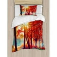 thumbnail image 3 of Tree Duvet Cover Set Queen Size, Autumnal Foggy Park Fall Nature Scenic Scenery Maple Trees Sunbeams Woods, Decorative 3 Piece Bedding Set with 2 Pillow Shams, Orange Yellow Teal, by Ambesonne, 3 of 3