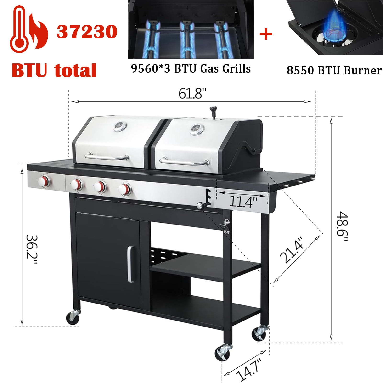 Propane gas and Charcoal grills Combo cast iron griddle, Stainless Steel 37230 BTU Outdoor Barbecue Grill, BBQ Grill with Side Burner, High temperature resistance