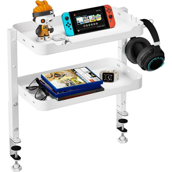 ARES WING 2-Tier Clamp On Desk Shelf, 16 inch Adjustable Above or Under Desk Storage Shelves Holds 44 lbs, Heavy Duty Desktop Organizer with Headphone Holder for Working and Gaming Accessories, White
