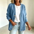 thumbnail image 5 of Brnmyaeo Womens Basic Button Down Jean Jacket Oversized V Neck Collarless Denim Jackets Fall Trendy Light Classic Long Sleeve Cardigan Shacket Coat, 5 of 8