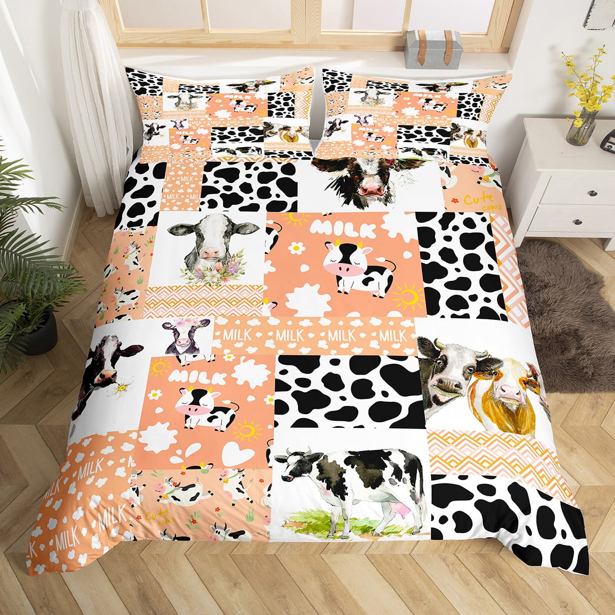 Kids Cow Print Duvet Cover Twin for Boys Girls Black and White Cow
