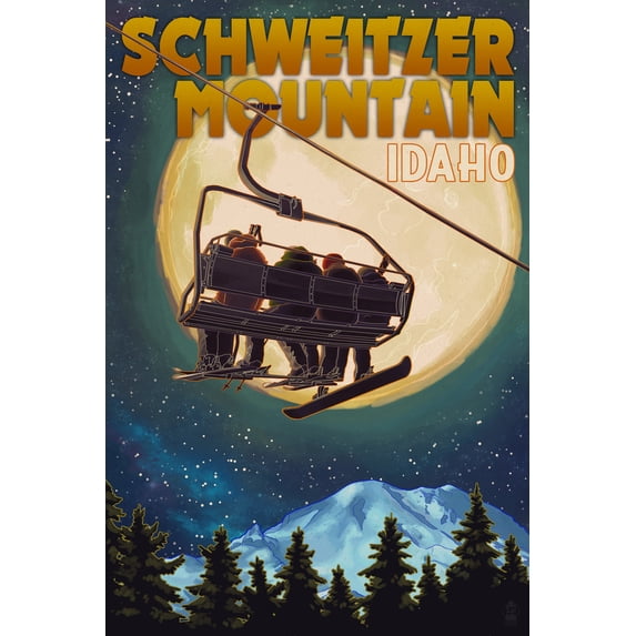 Schweitzer Mountain, Idaho, Ski Lift and Full Moon with Snowboarder (12x18 Wall Art Poster, Room Decor)