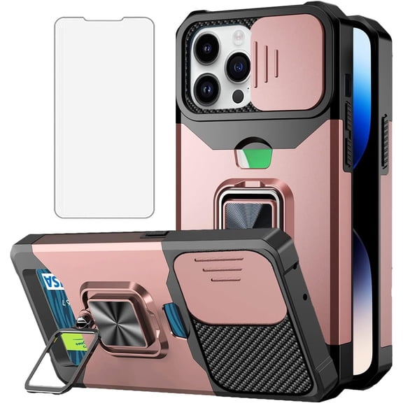 Design for iPhone 14 Pro Phone Case with Screen Protector Card Holder Stand Kickstand Heavy Duty Slim Shockproof Hybrid Rugged Drop Protective Cover for iPhone14pro Women 6.1 inch Rose Gold