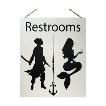 JennyGems Mermaid Bathroom Wall Decor, All Gender Restroom Signs, Unisex Bathroom Sign, Pirate Restroom Decor, Funny Bathroom Signs for the Home, Business, Office, Beach Bathroom Decor, American Made