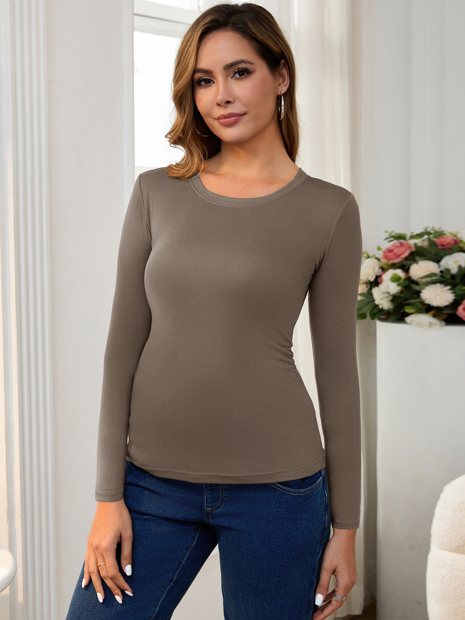 DARING DIVA Women's Ruched Long Sleeve Maternity Blouses S Camel