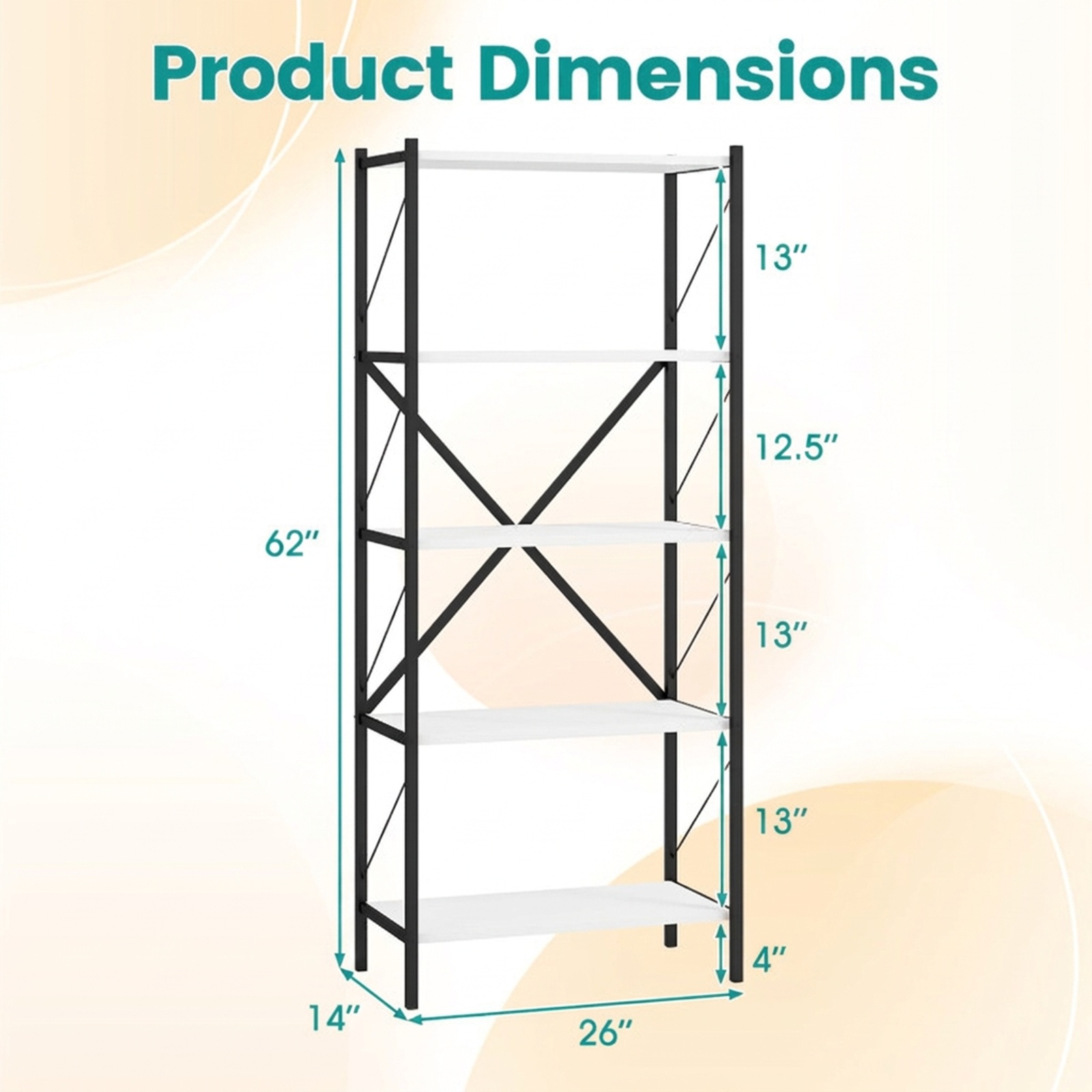 Furnibear 5-Tier Tall Bookshelf Industrial Bookcase with Heavy-Duty Metal Frame Modern Storage for Living Room Home Office Bedroom Display, White