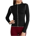 thumbnail image 2 of Camisas para mujer,Camiseta de manga larga con cuello alto y bordes enrollados en color contrastante para mujer, corte ajustado, uso diario informal, mezcla de nailon, sopatenor, 2 of 7