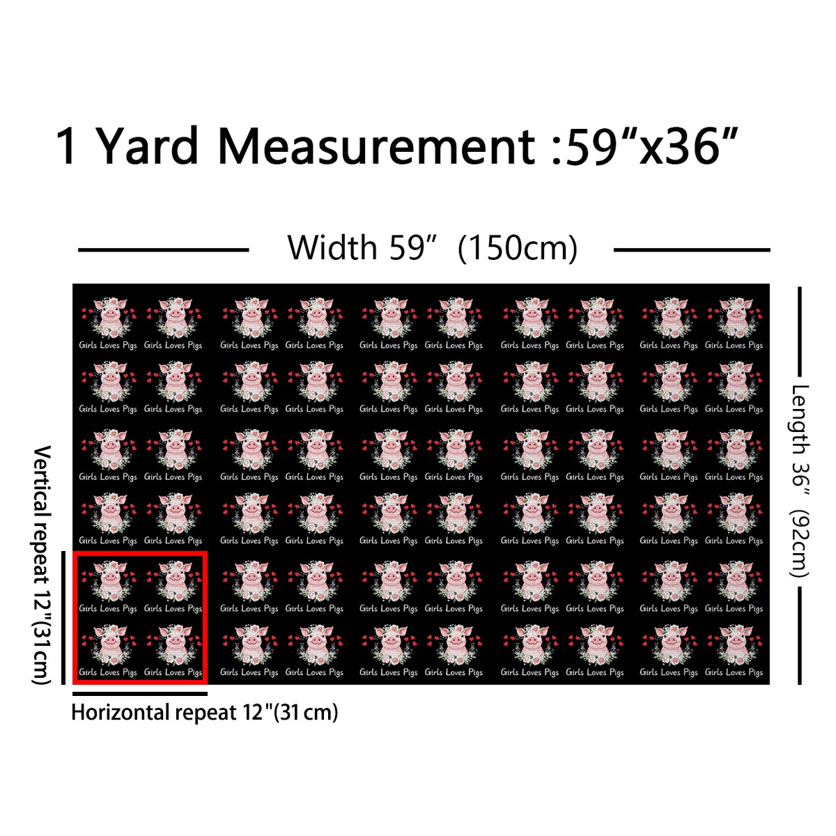 Feelyou Girls Loves Pigs Fabric by the Yard 3 Yards, Black Pink Sewing Fabric, Kawaii Cartoon Farm Animal Home Decor Fabric by the Yard, Lightweight Room Decor