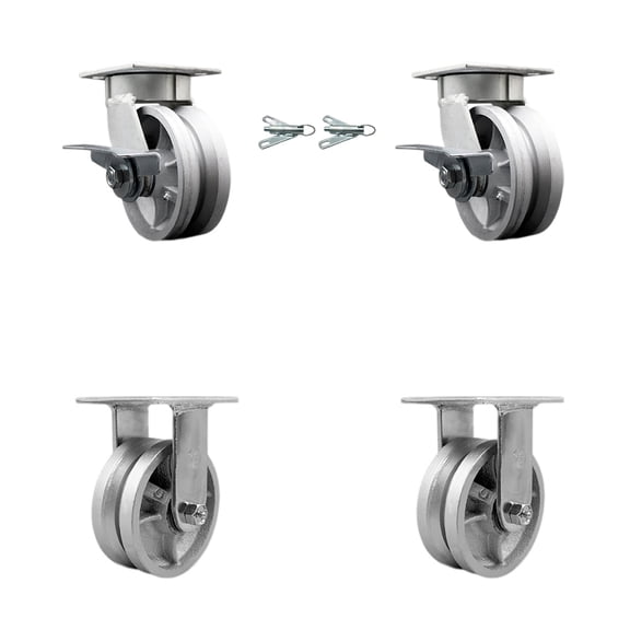 5 Inch Kingpinless V Groove Semi Steel Caster Set 2 Brake & Swivel Locks 2 Rigid
