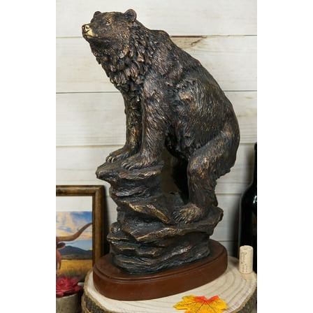 Country Rustic Black Bear Climbing On River Rocks Figurine With Faux Wood Base