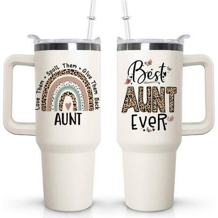 Aunite Handle Tumbler with Handle Lid and Straw 40 oz Best Auntie Ever Vacuum Insulated Travel Coffee Mug CupTumbler Gifts for Aunt from Niece Nephew