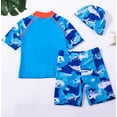 thumbnail image 2 of WIBACKER Boys Two Piece Shark Rash Guard Swimsuits ids Short Sleeve Swimwear Sets Bathing Suit with Sun Cap for 2-7 Years, 2 of 6