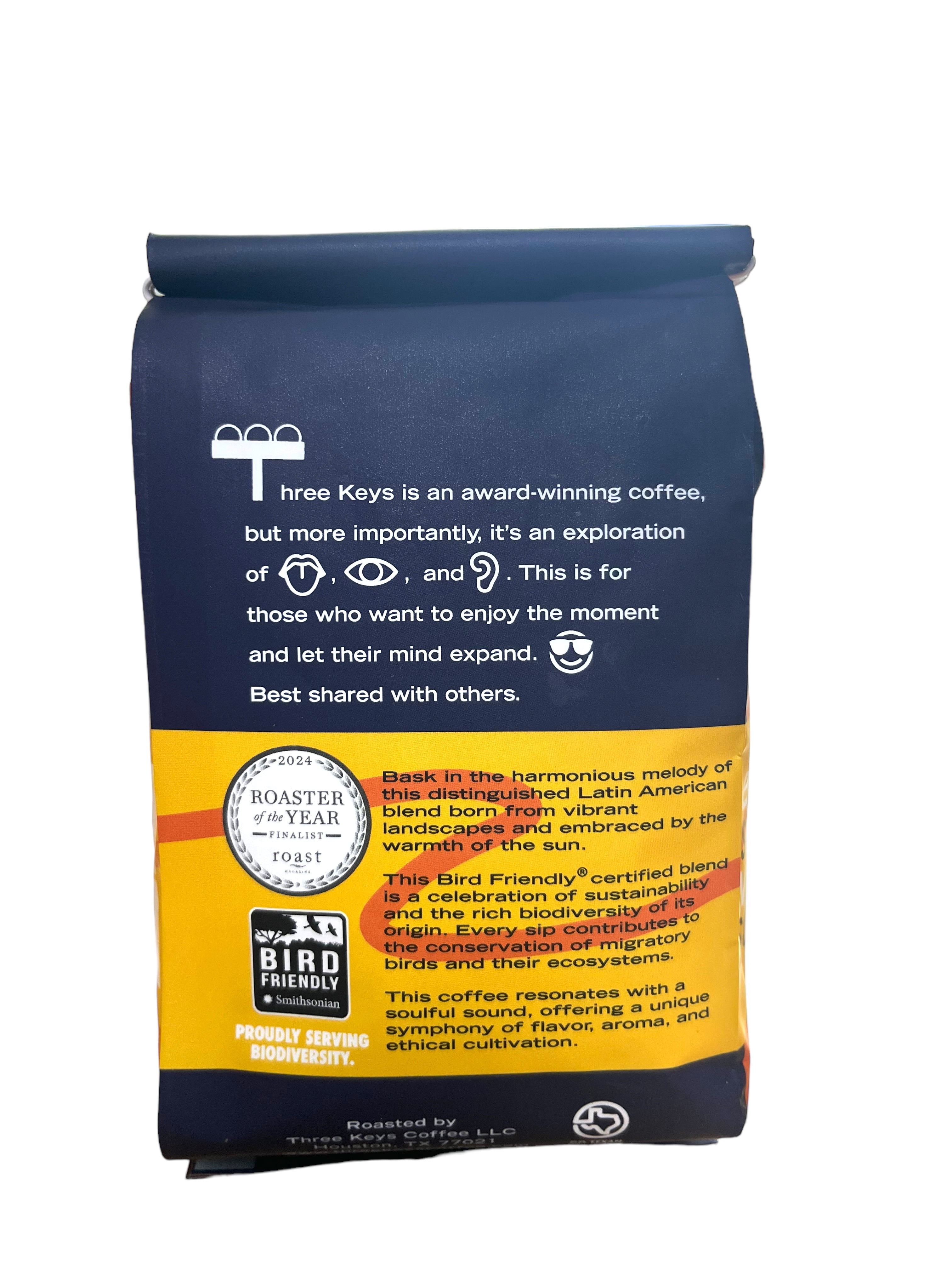Local Three Keys Coffee Sonido Del Sol Latin American Blend Medium Roast 12oz, Naturally Caffeinated