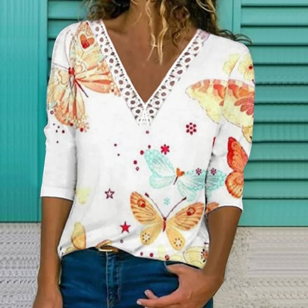 Pntutb Casual Mujer Cuello en V Verano Sexy Gradiente Estampado Regular Mujer Manga larga top Pntutb Pntutb-426