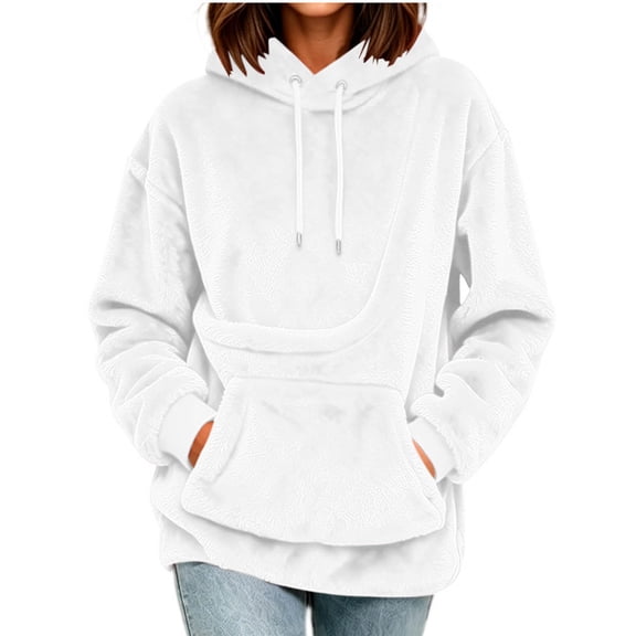 FRSASU Women's Cat Hoodie with Pouch Oversized Kangaroo Pocket Dog Pouch Sweatshirts Pet Carrier Animal Holder Long Sleeve Pullover White