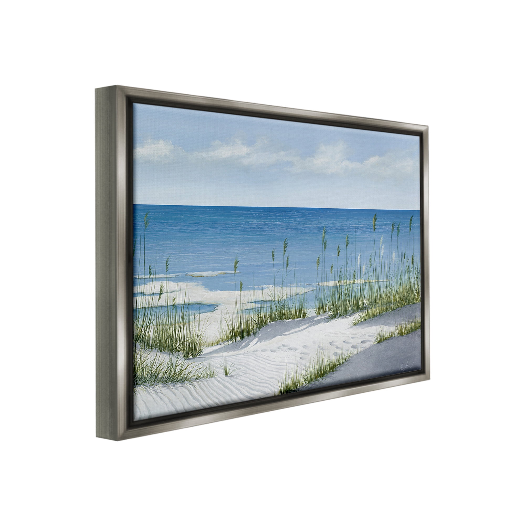 Stupell Industries Beach with White Sand Landscape Painting Gray Floater Framed Canvas Art Print Wall Art, 31 x 25