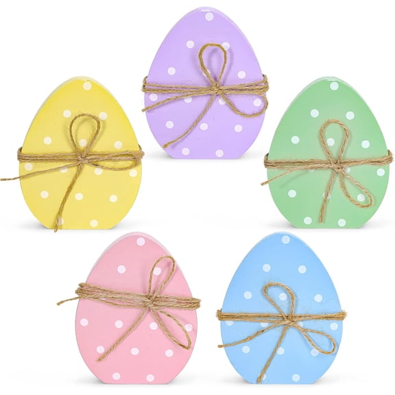 5Pcs Easter Egg Wooden Table Decor Polka Dots Egg Table Centerpieces Cute Spring Cute Standing Wood Signs Tiered Tray Decoration with Rope for Home Party Tabletop Decor