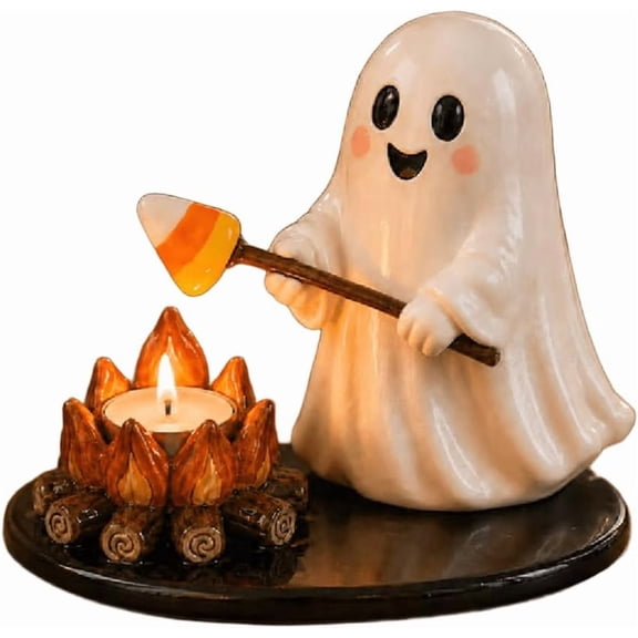 Halloween Campfire Ghost Gathering Tealight Holder, Cute Resin Ghost Mummy Scarecrow Figurine, Indoor Mantel Shelf Table Decor, Fall Thanksgiving Gift