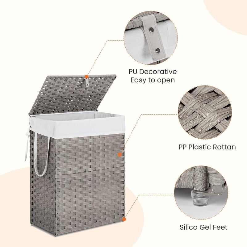 Simenmax 90L Foldable Laundry Hamper with Lid, Woven Laundry Basket with Removable Washable Liner, Rattan Clothes Hamper Sturdy Steel Frame Rattan Basket, Gray