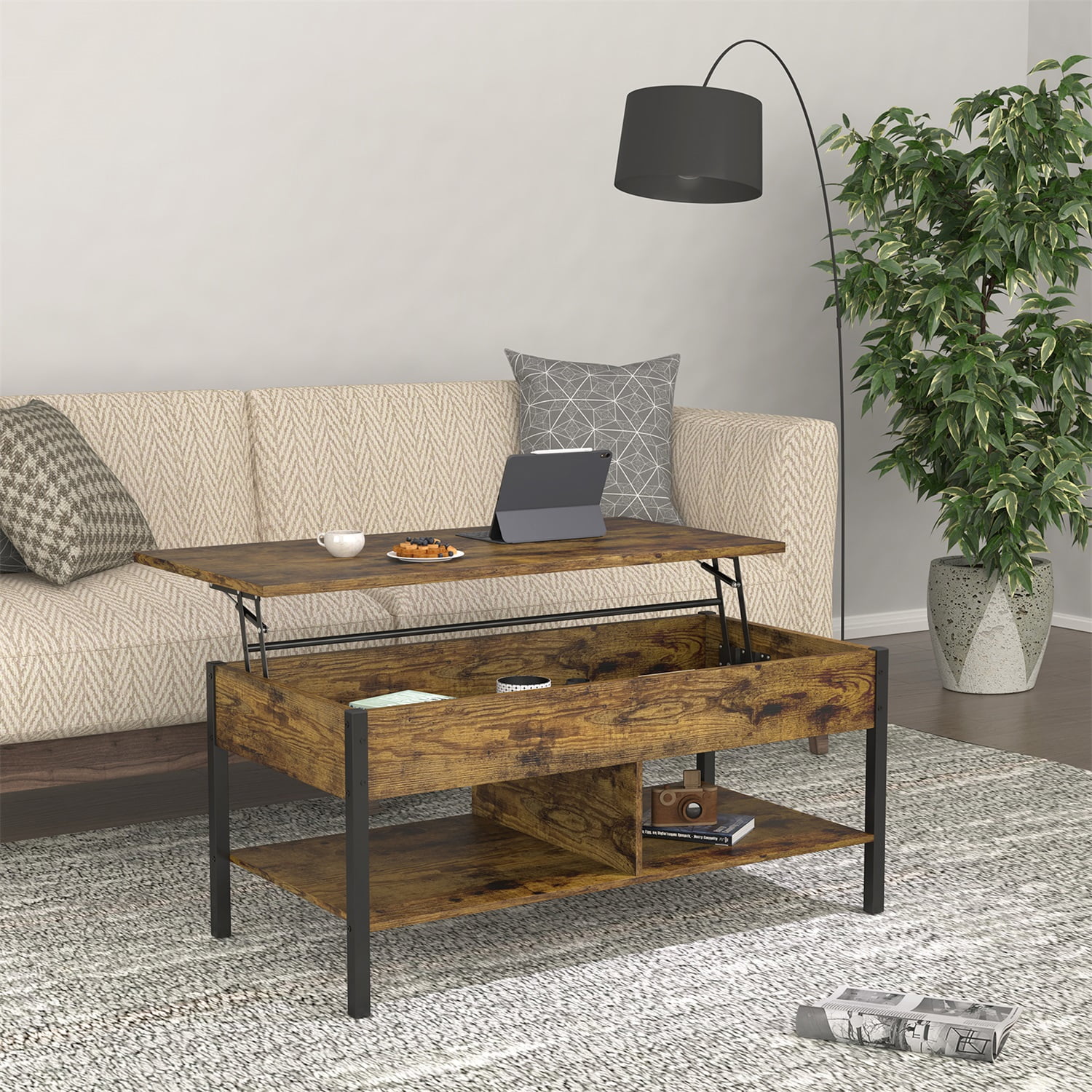 Kadyn Lift Top Coffee Table, Pop Up Coffee Table with Hidden Compartment and Open Storage Shelf, Living Room Table for Home, Office, Brown Kadyn Lift Top Coffee Table, Pop Up Coffee Table with Hidden Compartment and Open Storage Shelf, Living Room Table for Home, Office, Brown