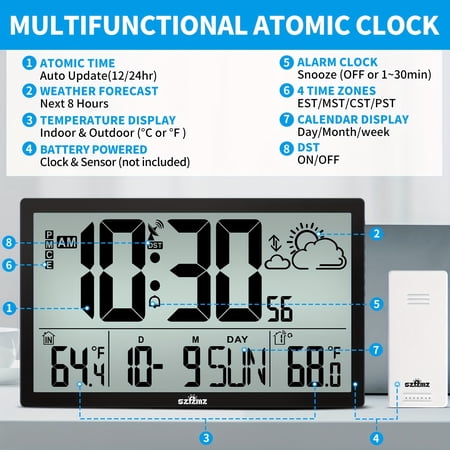 14.6 Large Atomic Weather Station Clock - Wireless Sensor, Auto DST, Indoor/Outdoor Thermometer, Home/Office