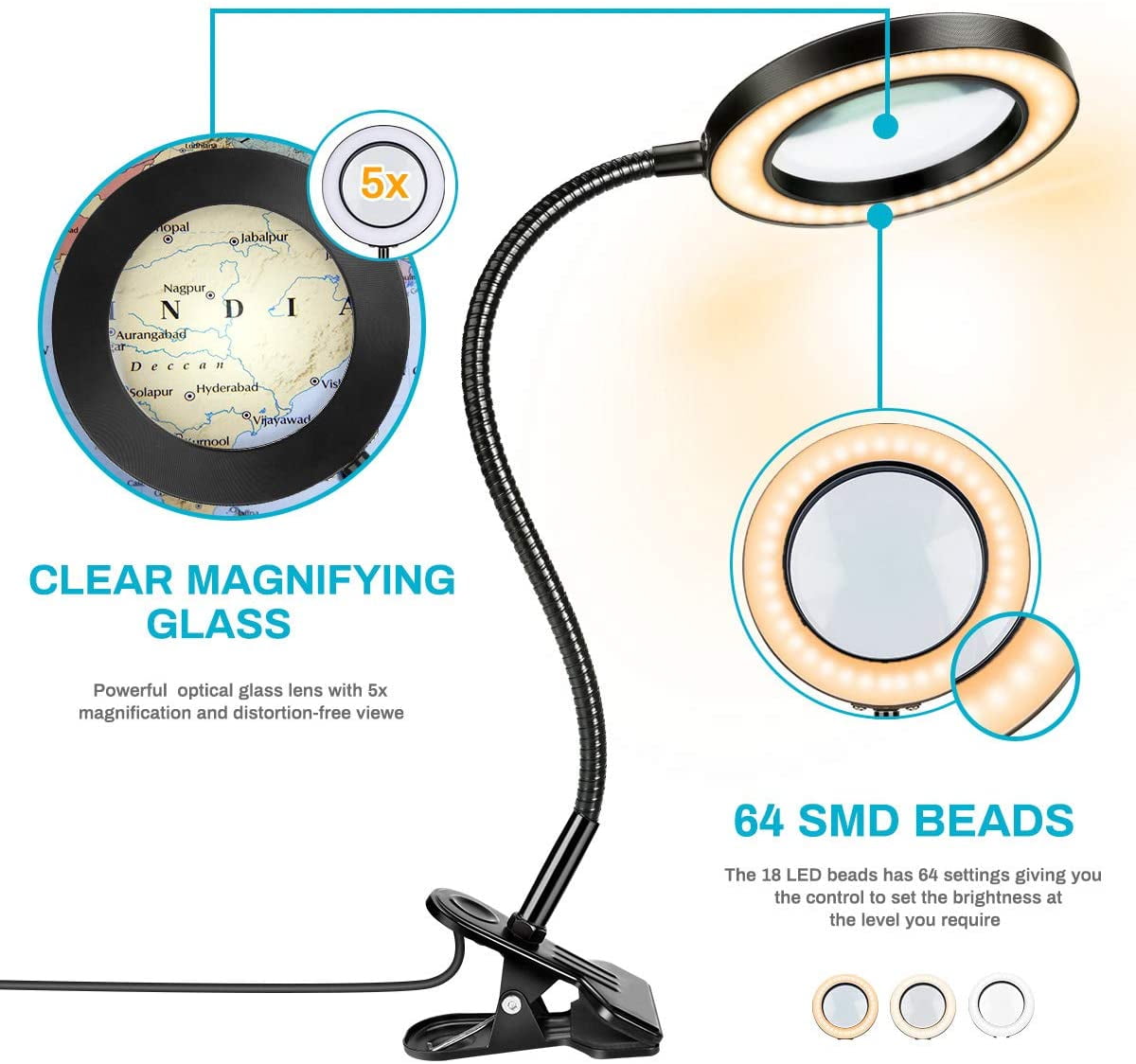 LED Large Lens Lighted Lamp Top Desk With 8x Magnifier Magnifying Glass 3 Levels 