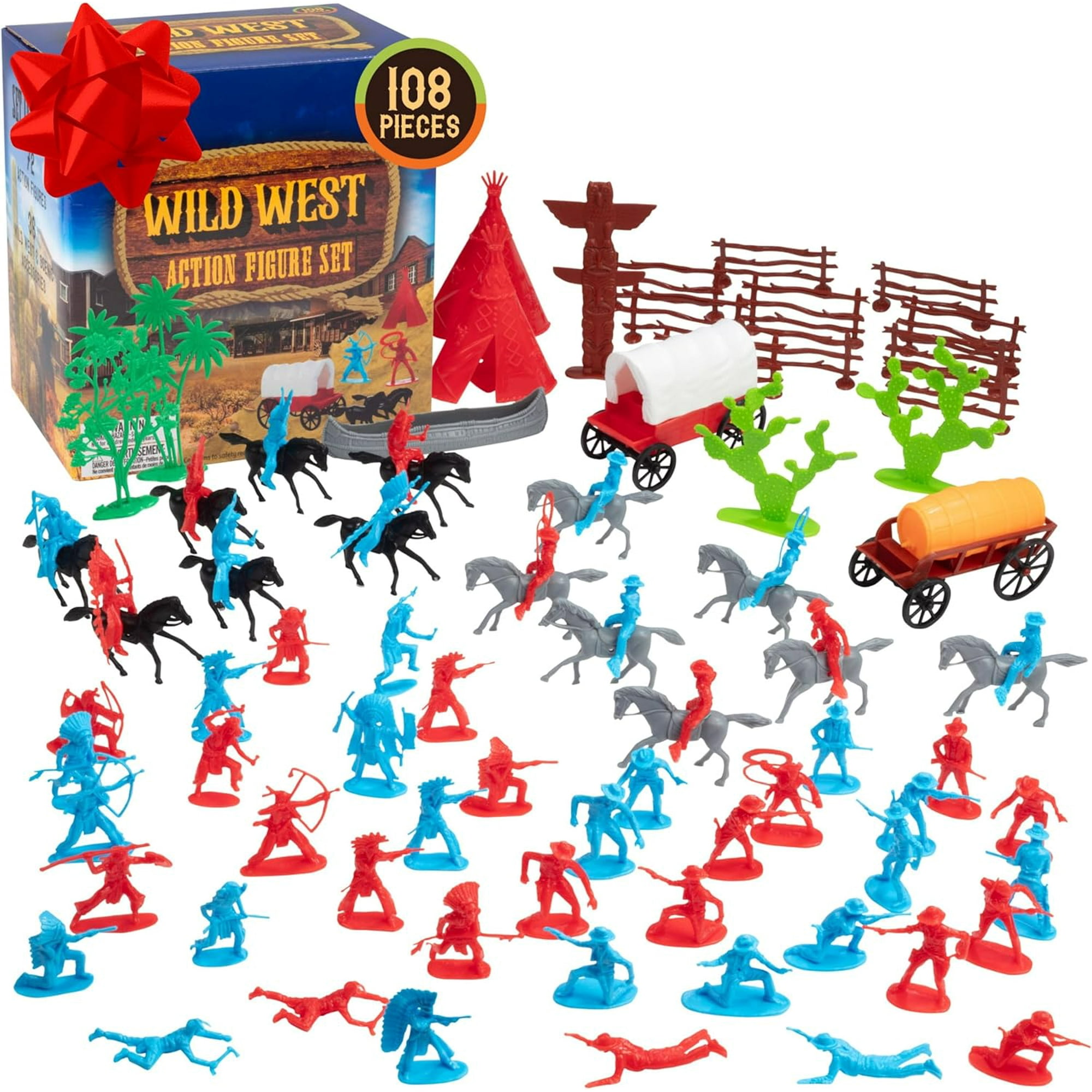 SCS Direct Wild West Action Figure Playset- 100+ pc Western American Figurine Toys- Includes Rideable Horses, Wagons, Canoes die cast