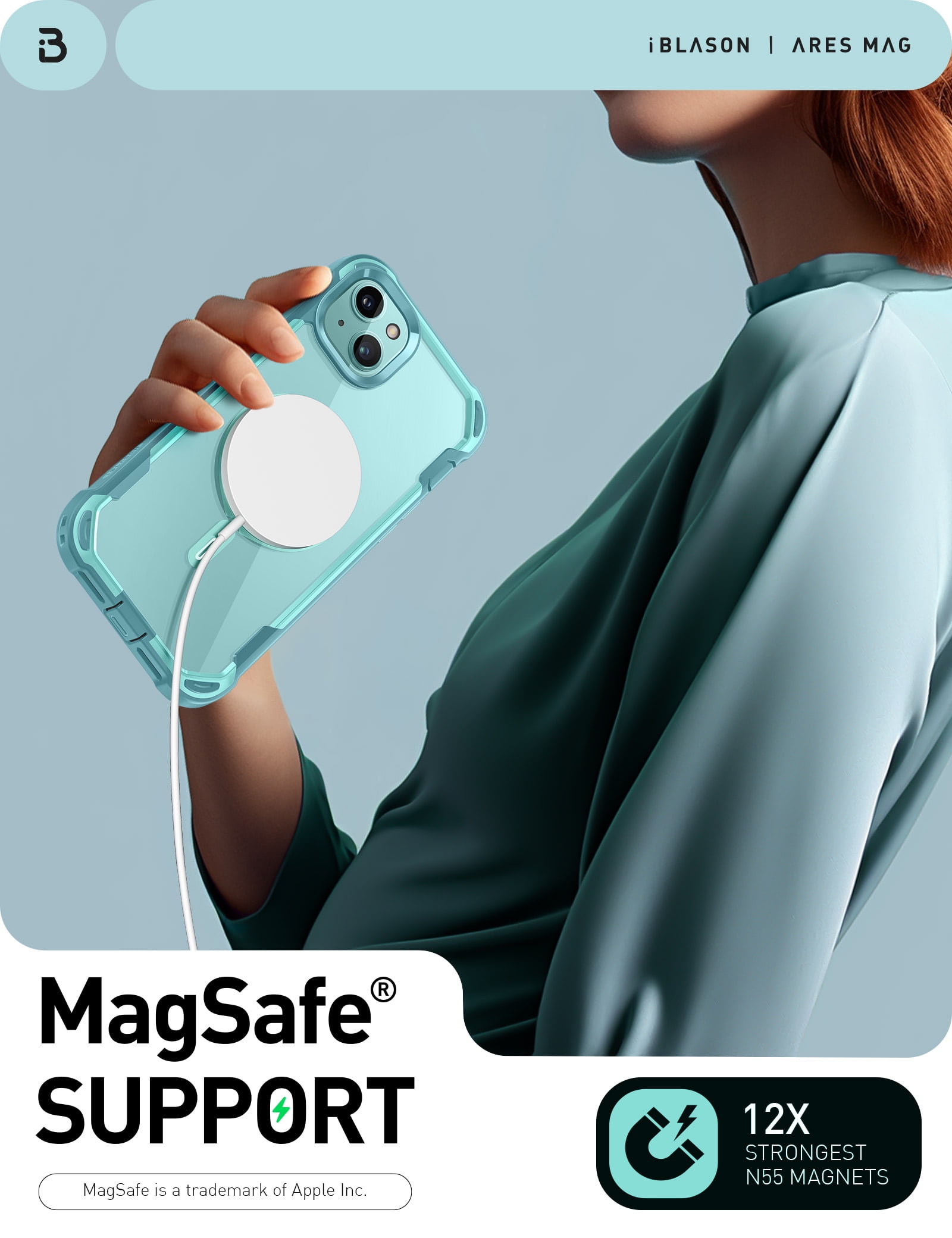 i-Blason AresMag for iPhone 15 Plus Case [6.7 inch], [MagSafe Compatible] Full-Body Dual Layer Anti-Slip Shockproof Rugged Clear Bumper Case with Built-in Screen Protector (SeaFoam)